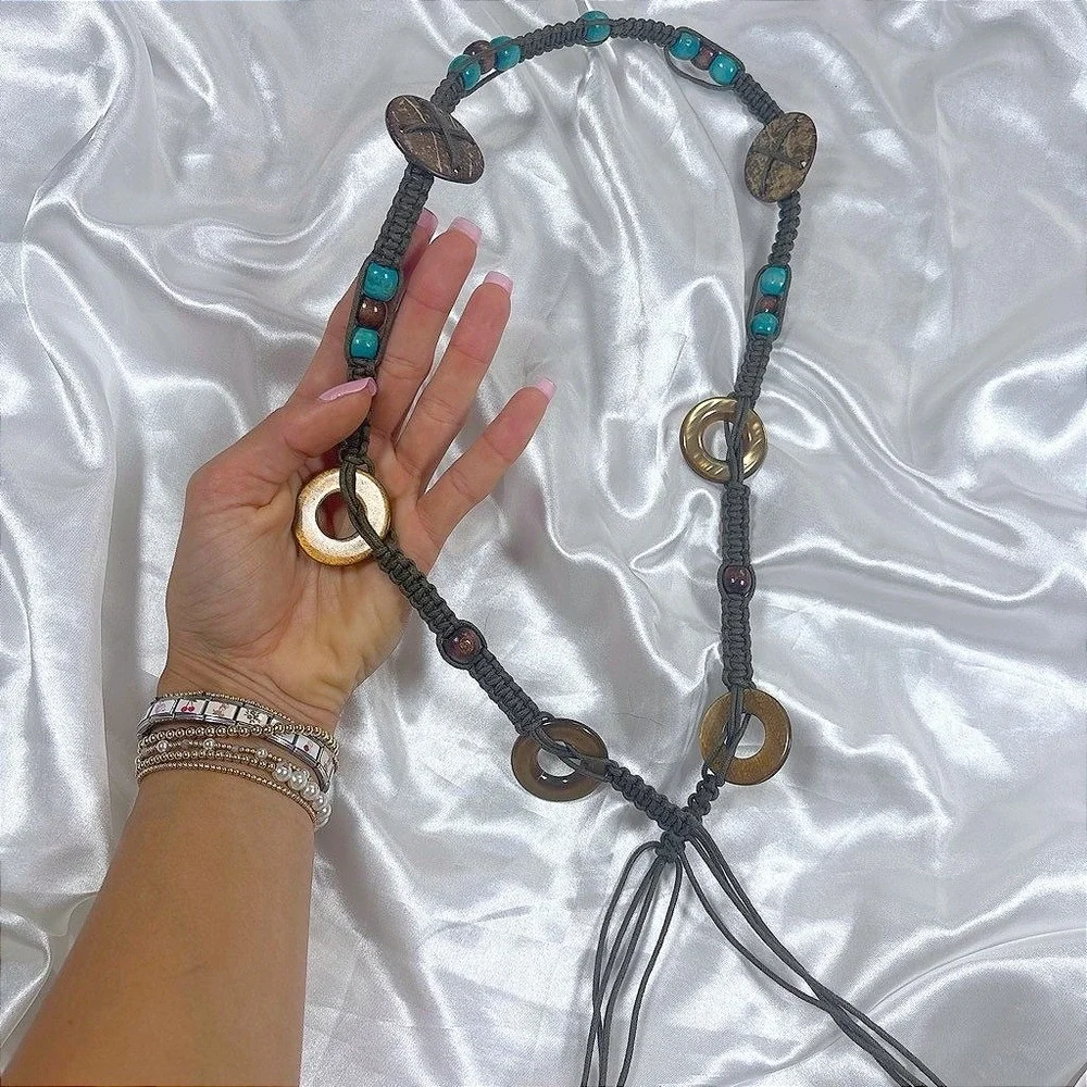 y2k boho Macrame Belt Grey Turquoise Wood Bead Coconut Shell Tassel
